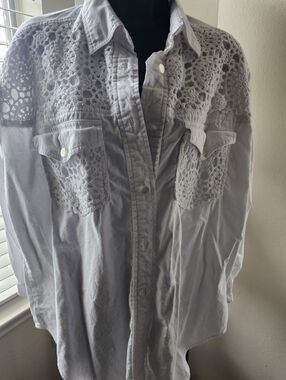 Crochet Yoke Button-Front Shirt